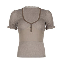 Short puff sleeve button stitch ruffle ribbed top