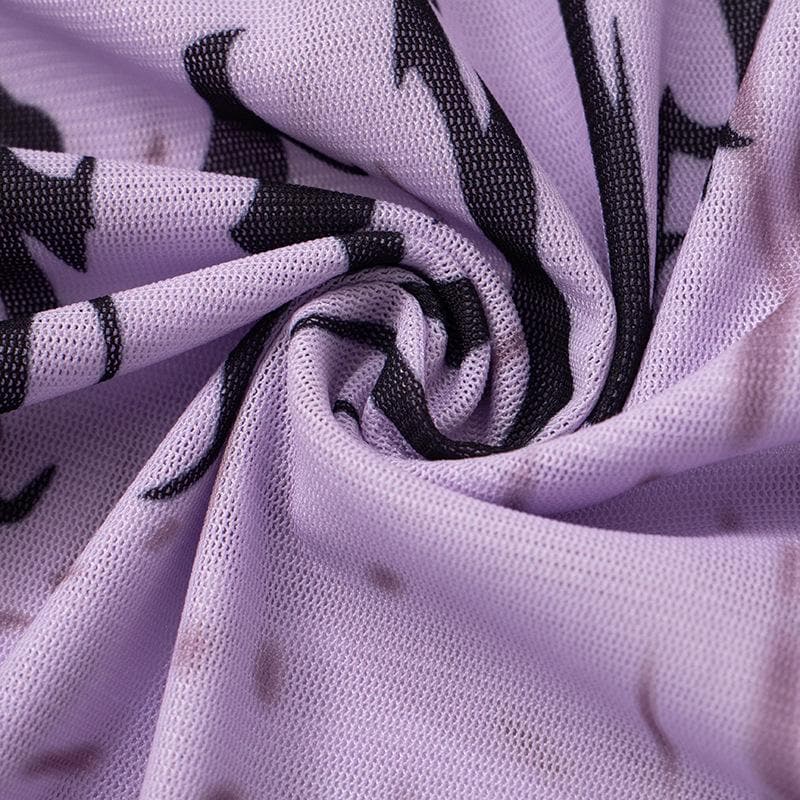 Long flared sleeve high neck see through letter print mesh top