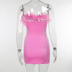 Velvet feather button tube mini dress