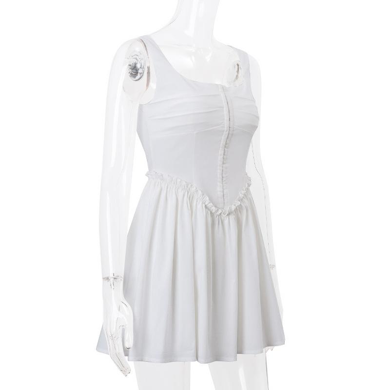 Button ruffle square neck ruched bustier tank mini dress  | red tango dress