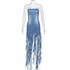 Plaid print tassels backless contrast tube mini dress