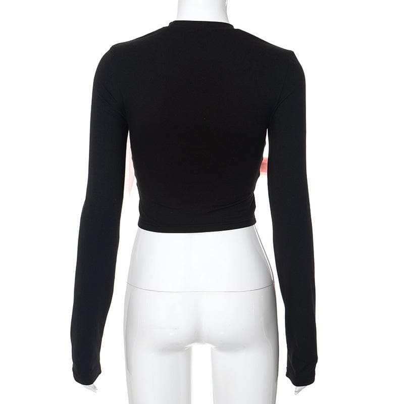 Long sleeve crewneck bowknot mesh contrast top