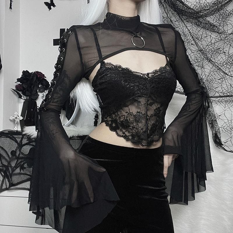 Flared sleeve o ring sheer mesh lace up shrug high neck top