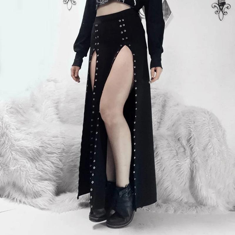 High slit solid metal maxi skirt