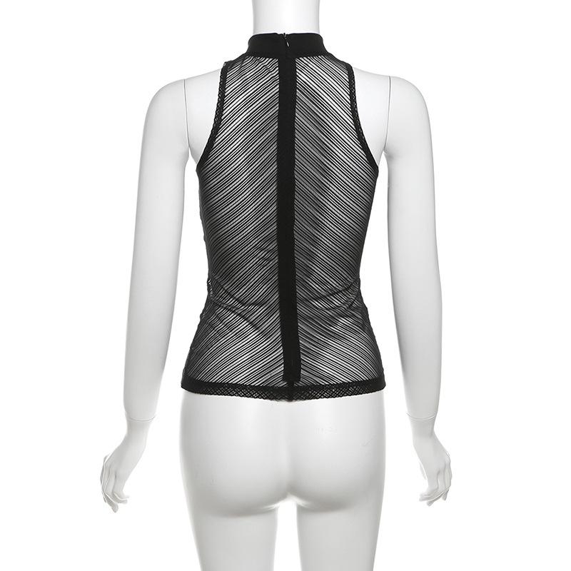 High neck ruched hollow out mesh zip-up tank top