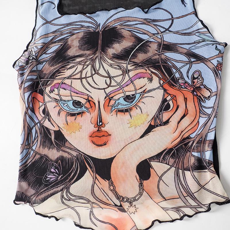 Ruffle print sheer mesh square neck tank top