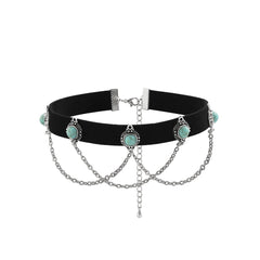 Stone pendant velvet layered choker necklace