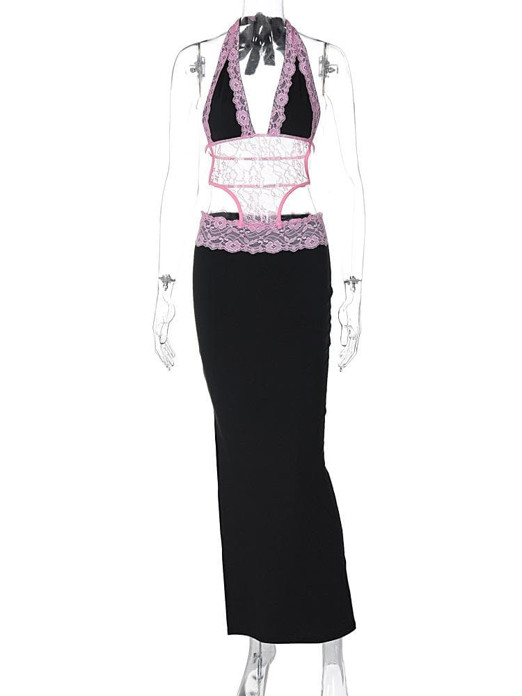 Halter patchwork lace deep v neck maxi dress