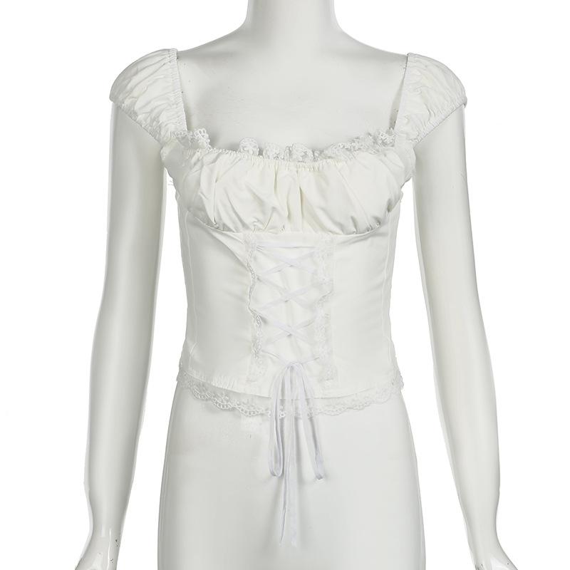 Cap sleeve lace hem lace up ruched top