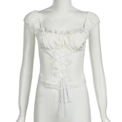 Cap sleeve lace hem lace up ruched top