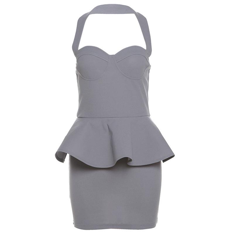 Halter ruffle v neck zip-up backless solid mini dress
