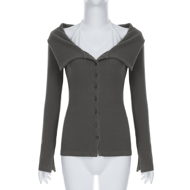 Long sleeve turnover collar halter button 2 piece top