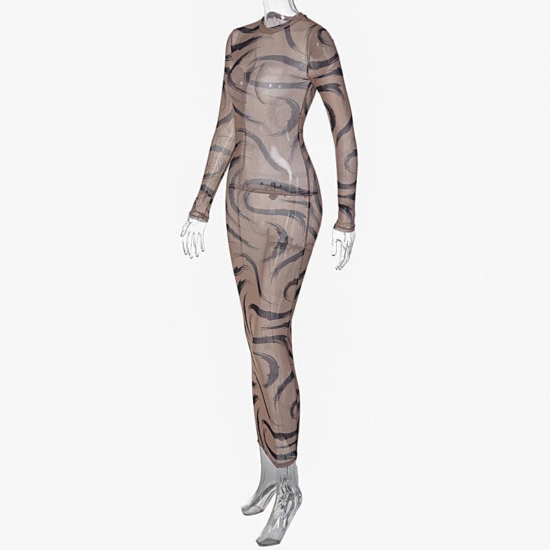 Sheer mesh see through long sleeve contrast print maxi dress  | samba dress