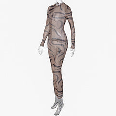 Sheer mesh see through long sleeve contrast print maxi dress  | samba dress
