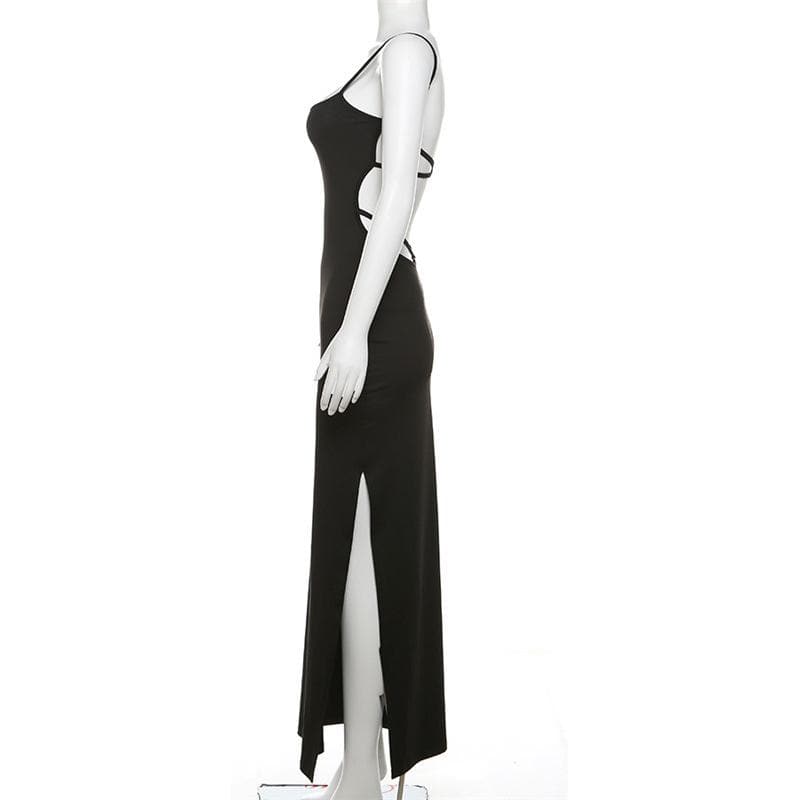 Lace up backless slit solid cami maxi dress