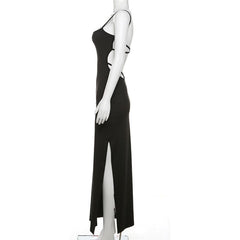 Lace up backless slit solid cami maxi dress
