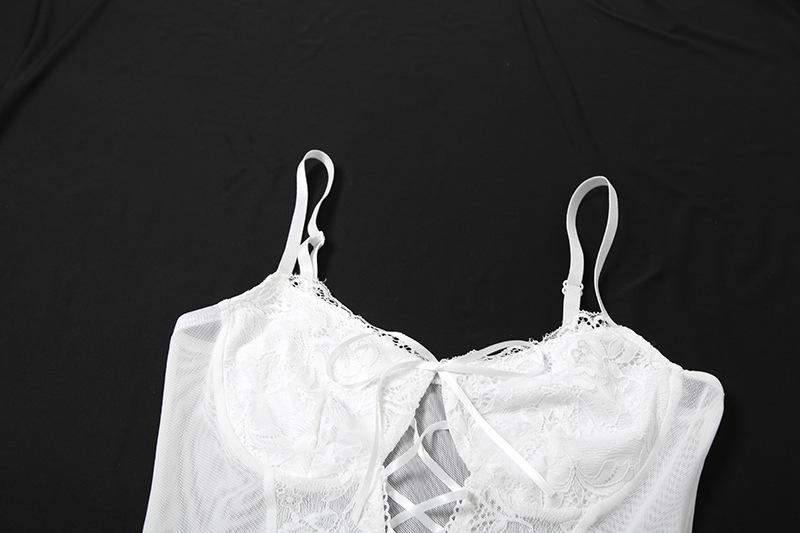 Lace up bowknot lace mesh patchwork cami bodysuit