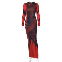 Abstract contrast long sleeve crewneck maxi dress  | red tango dress