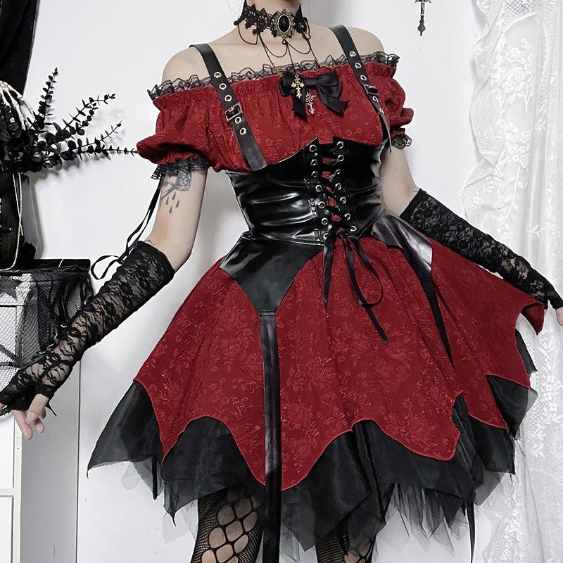 Off shoulder short sleeve lace hem ruffle bowknot mini dress
