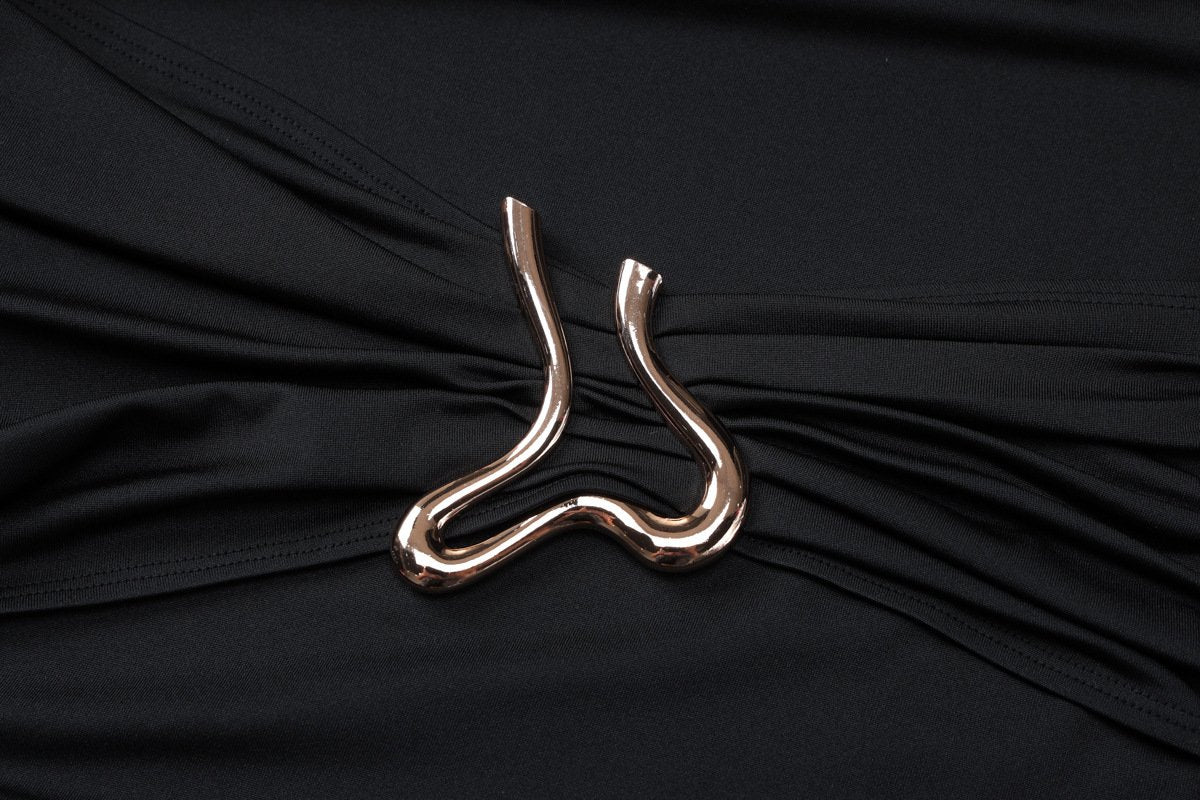 Long sleeve crewneck padded metal applique maxi dress