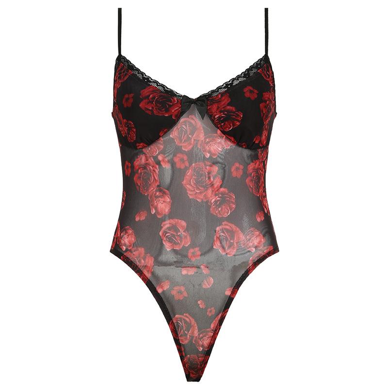 V neck rose print bowknot mesh cami top