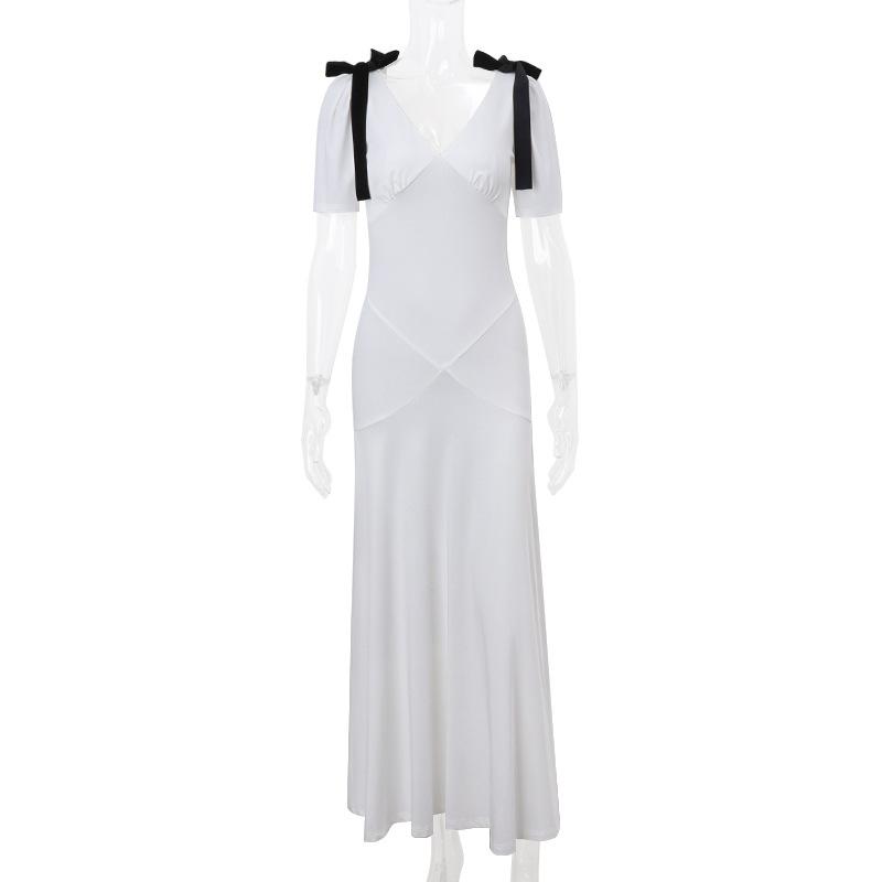 Short puff sleeve bowknot v neck maxi dress