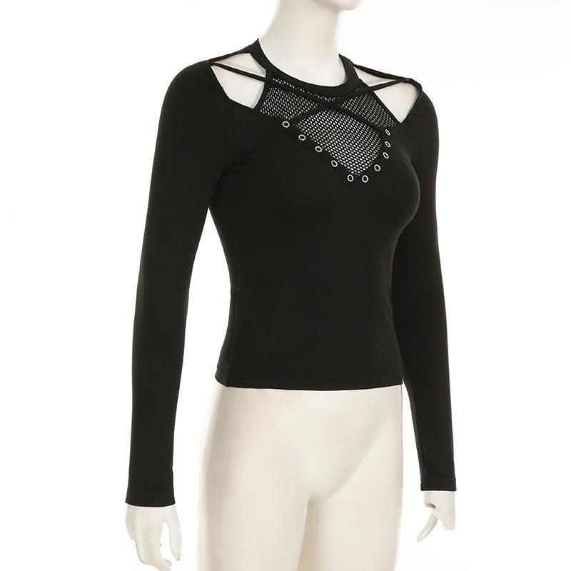 Long sleeve cross front hollow out fishnet patchwork top