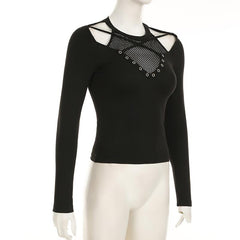 Long sleeve cross front hollow out fishnet patchwork top