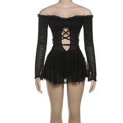 Off shoulder long sleeve hollow out self tie mini dress