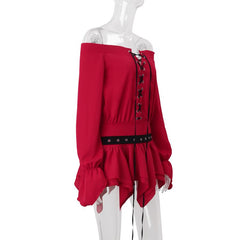Off shoulder long sleeve ruffle lace up mini dress