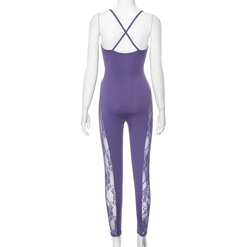 V neck lace patchwork cross back cami jumpsuit