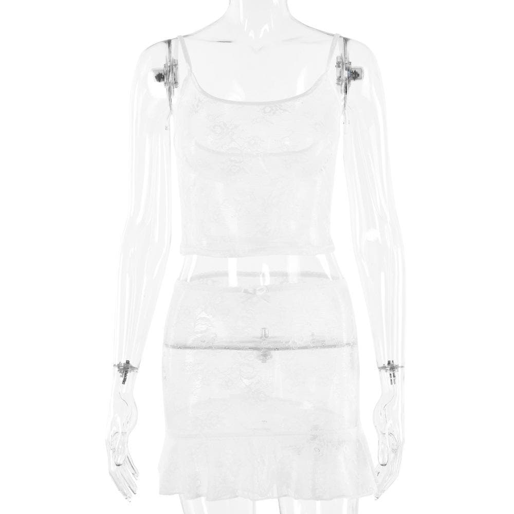 U neck lace solid see through bowknot cami mini skirt set