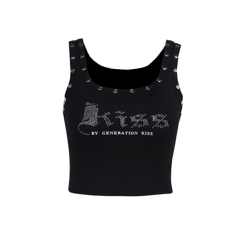 Letter pattern beaded u neck tank top