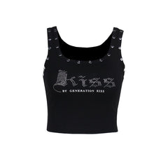 Letter pattern beaded u neck tank top