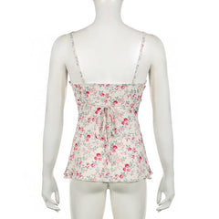 Print v neck lace hem ruffle knotted cami top