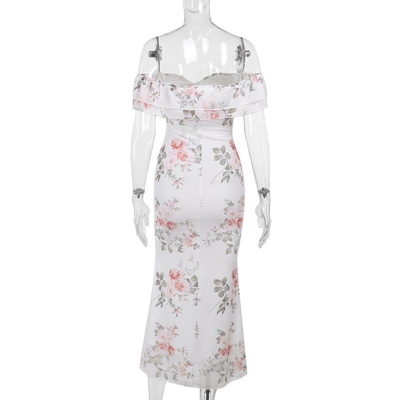 Off shoulder ruched flower print maxi dress