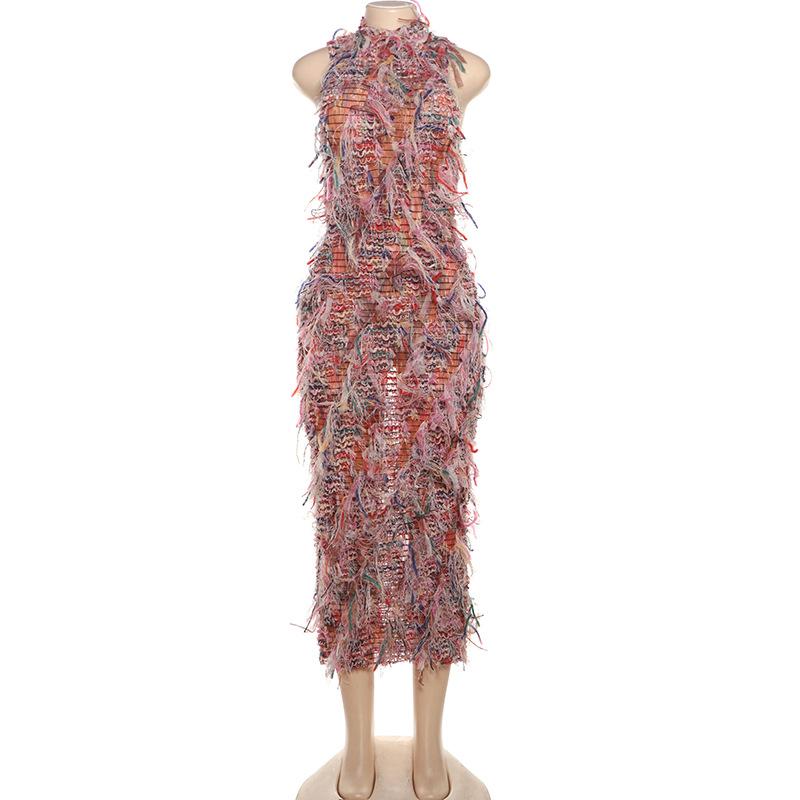 Sleeveless textured ruffle midi dress