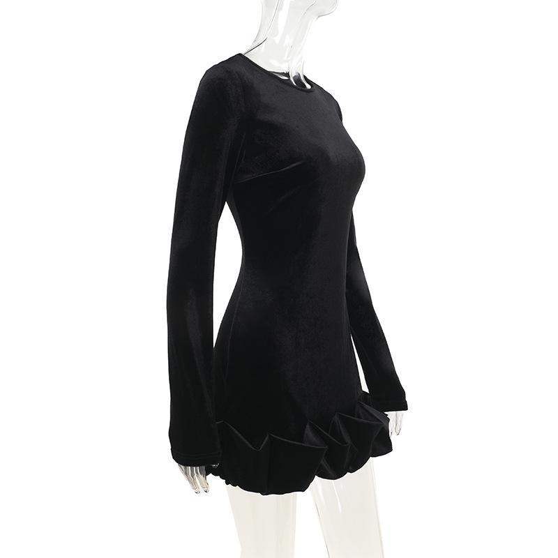 Long sleeve crewneck velvet ruffle mini dress