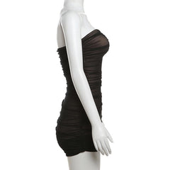 Ruched mesh patchwork solid tube mini dress