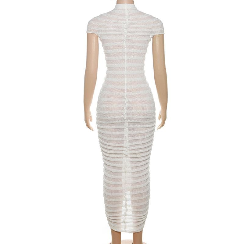 Knitted solid short sleeve crewneck see through maxi dress  | red tango dress