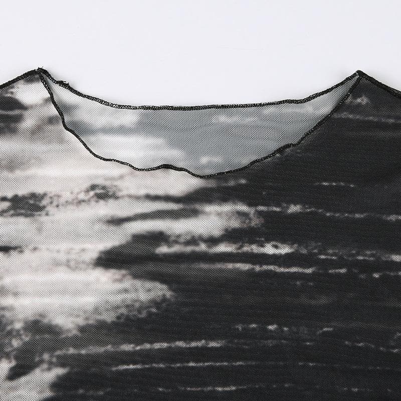 Sheer mesh see through ruffle long sleeve tie dye crop top