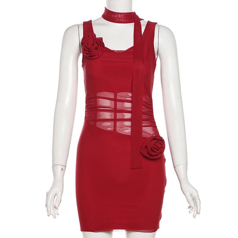 Cowl neck sheer mesh flower applique cami mini dress  | red tango dress  | samba dress