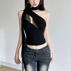 Halter one shoulder lace hem irregular top