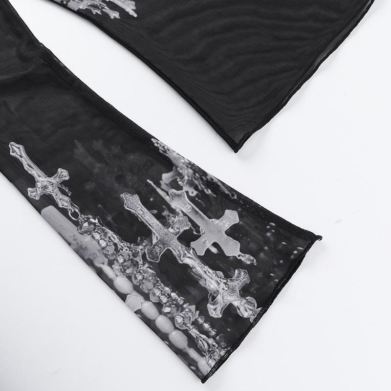 Long sleeve cross print off shoulder sheer mesh top