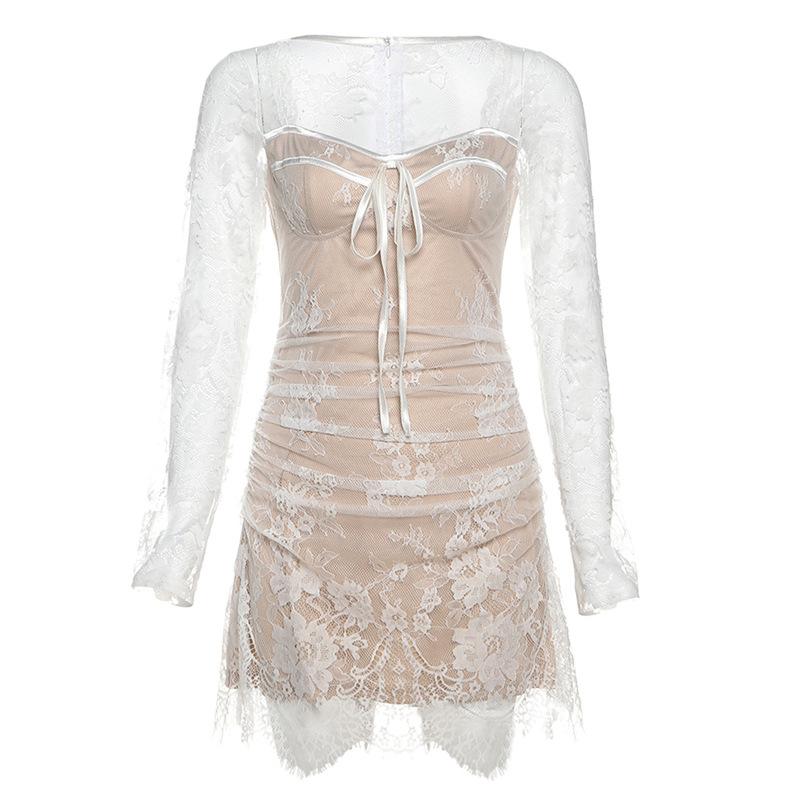 Long sleeve lace zip-up ruched mini dress