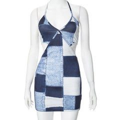Halter patchwork denim hollow out mini dress