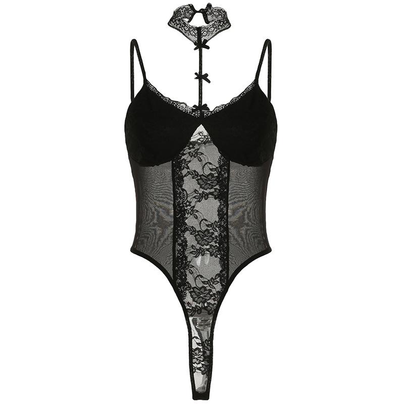 Halter lace bowknot mesh cami bodysuit