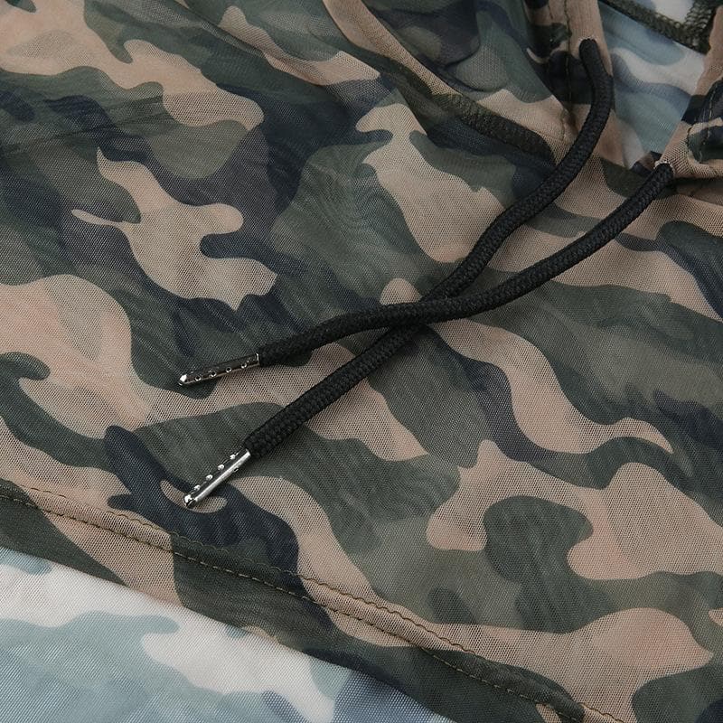 Sheer mesh drawstring long sleeve camouflage hoodie smock