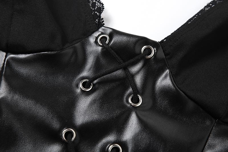 V neck PU leather lace up cami pant set