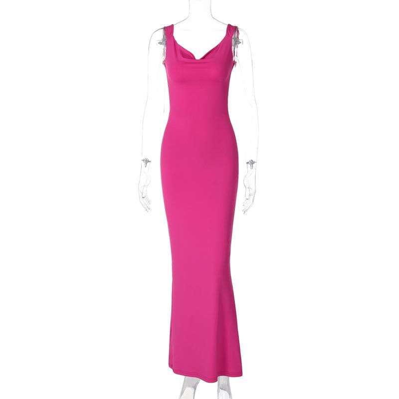 Cowl neck bowknot sleeveless backless solid maxi dress  | red tango dress